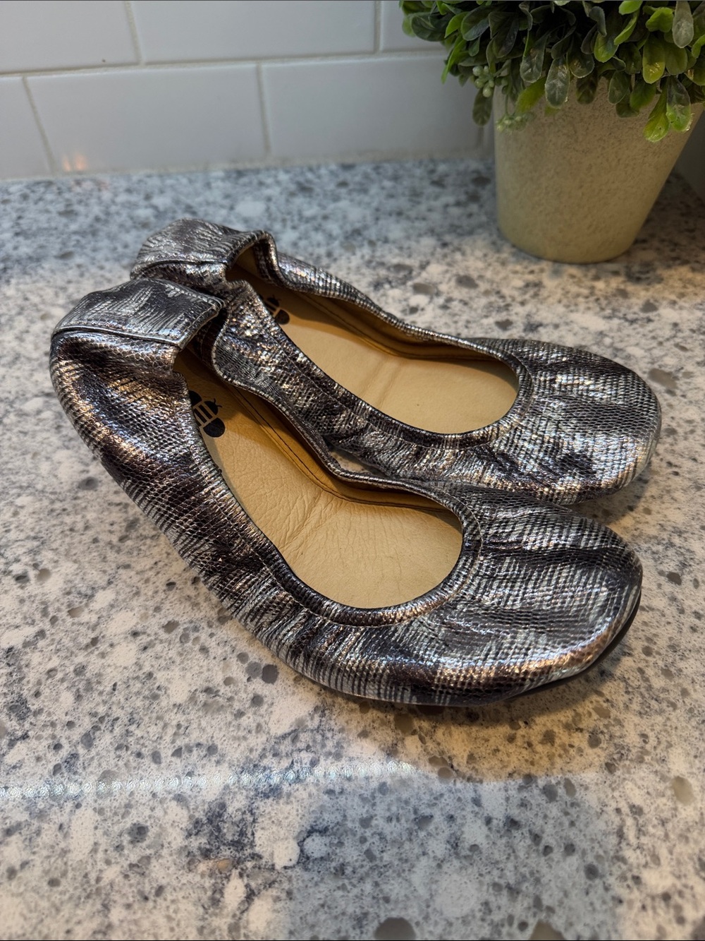 The Storehouse Flats Metallic Silver Ballet Flats for Women - foldable snakeskin